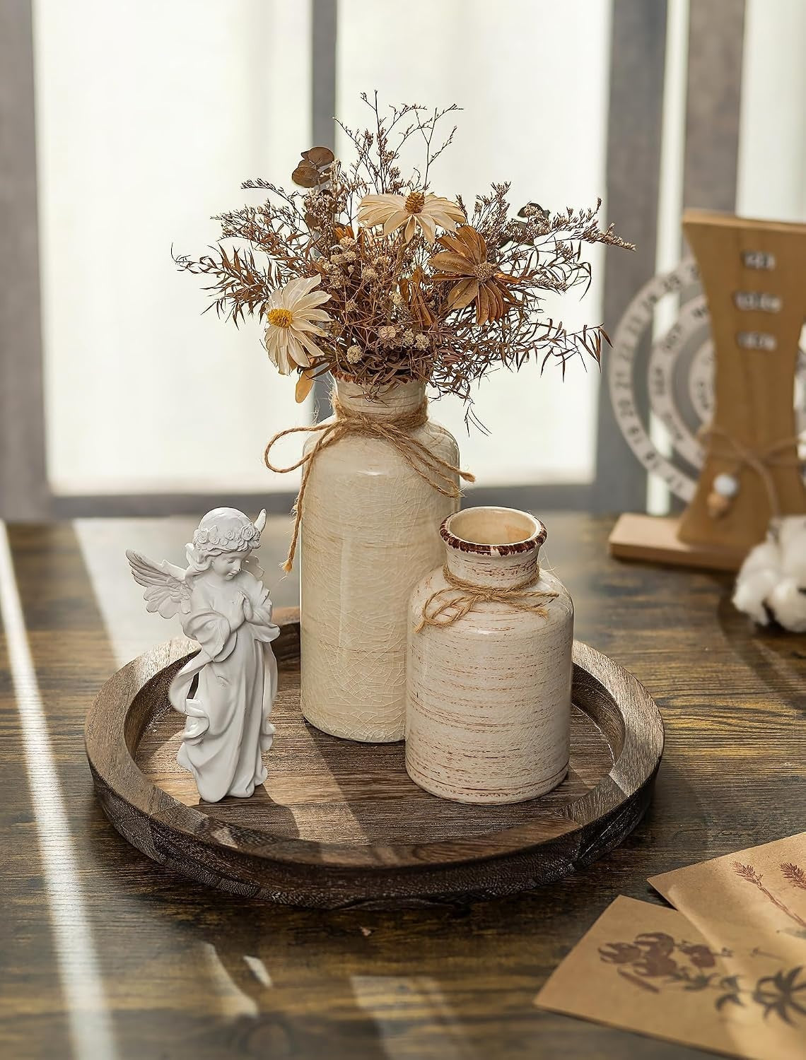 Round Distressed Wood Decorative Tray